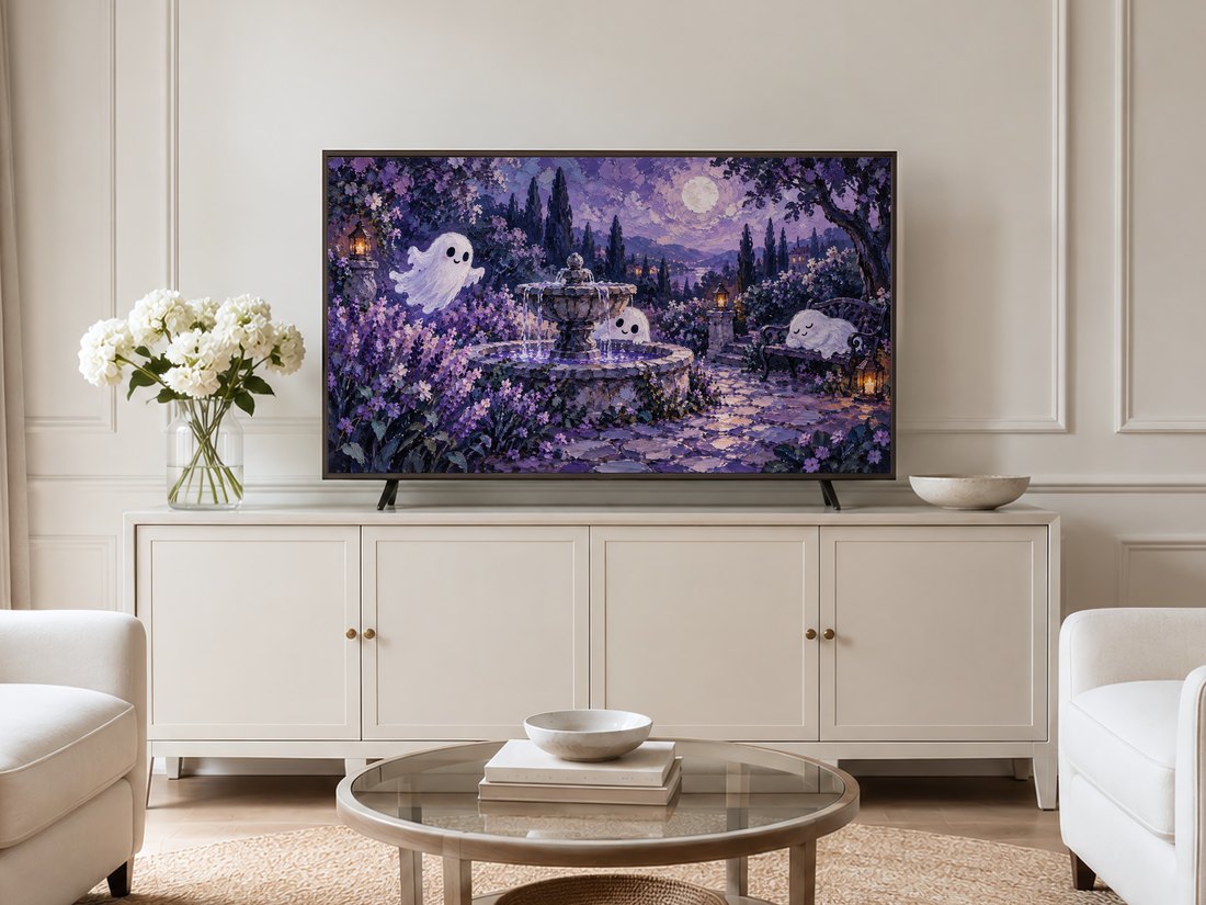 Whimsical purple moonlit ghost garden frame TV art displayed on a neutral living room wall with cream panelling, above a long cream sideboard with brass knobs, white hydrangeas and a round glass coffee table.