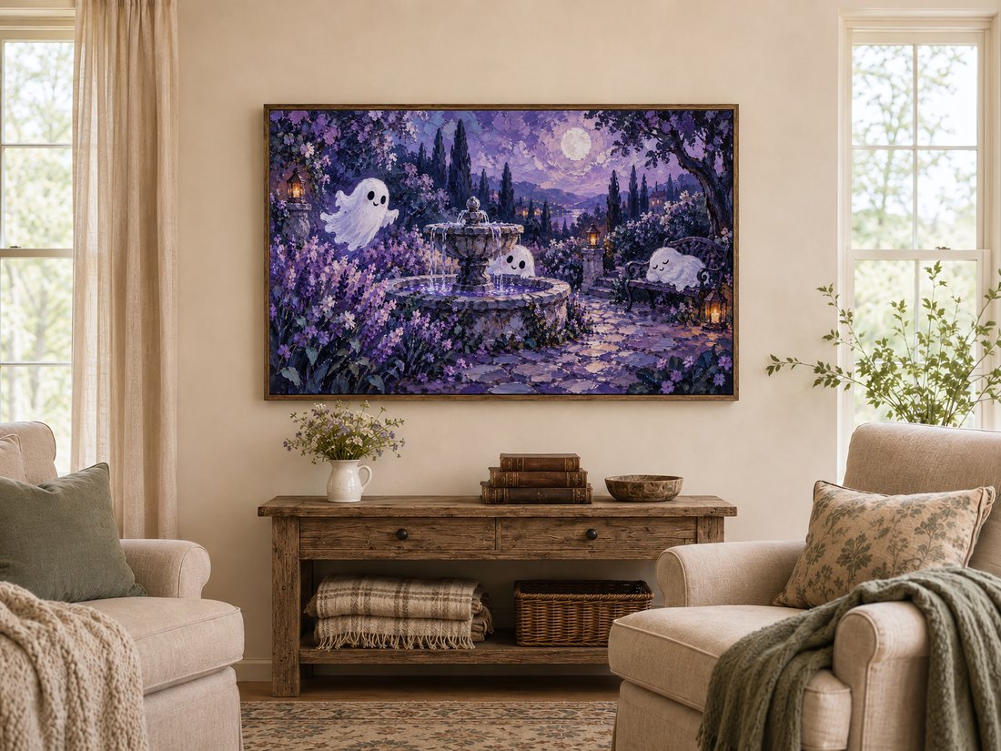 Purple ghost garden frame TV art in a dark reclaimed-wood frame above a rustic console table with wildflowers, antique books and a wooden bowl, in a warm farmhouse living room with cream armchairs.