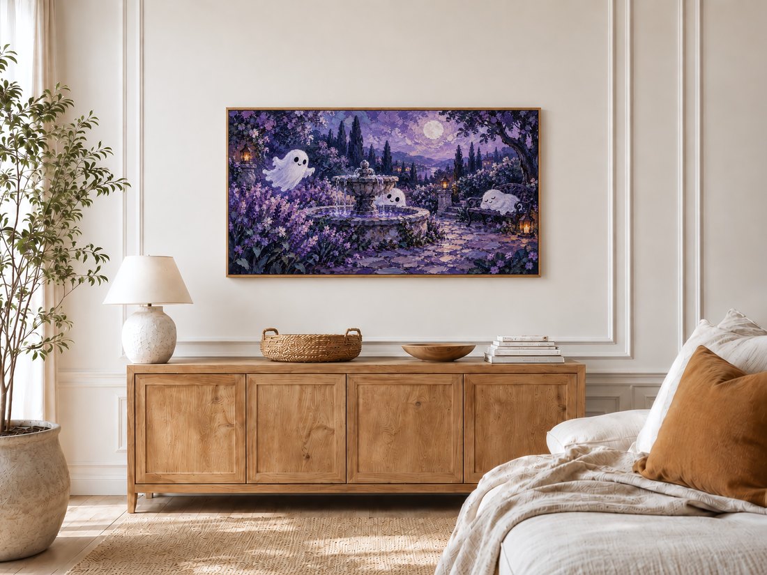 Whimsical moonlit ghost garden frame TV art on a bright bedroom wall with cream panelled moulding, above a light oak sideboard, textured lamp, and potted olive tree by the window.