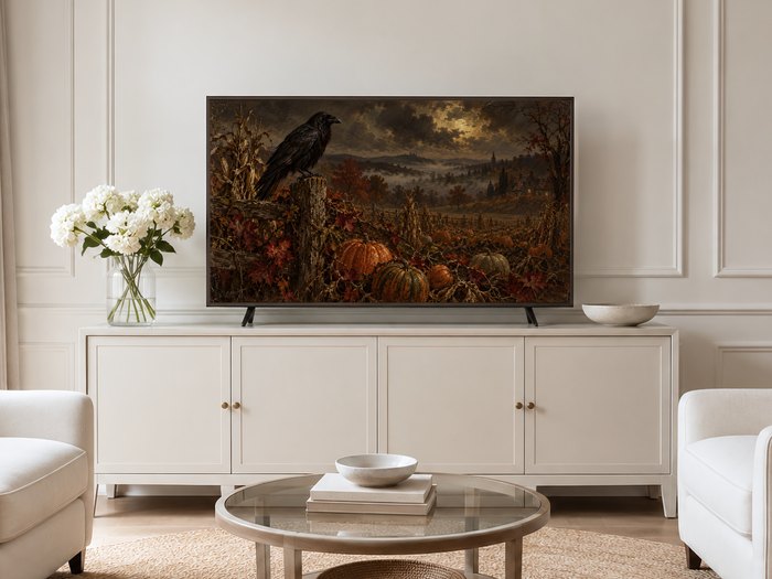 Frame TV art of raven and autumn pumpkin patch with golden atmospheric lighting shown on cream panelled wall in neutral living room with cream sideboard, white hydrangeas and pale armchairs.