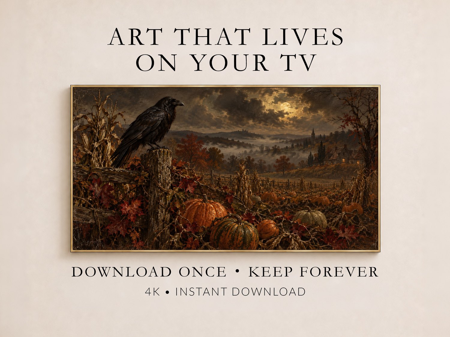 Raven perched on fence post over misty pumpkin patch with golden moonlit sky, displayed in thin gold frame on cream wall with messaging about instant download frame TV art.