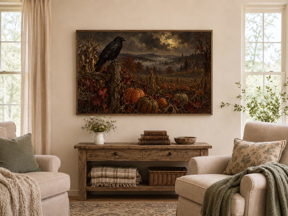 Dark moody raven and pumpkin patch landscape in reclaimed-wood frame above rustic console table with wildflowers and antique books, flanked by cream armchairs with sage cushions and linen windows.