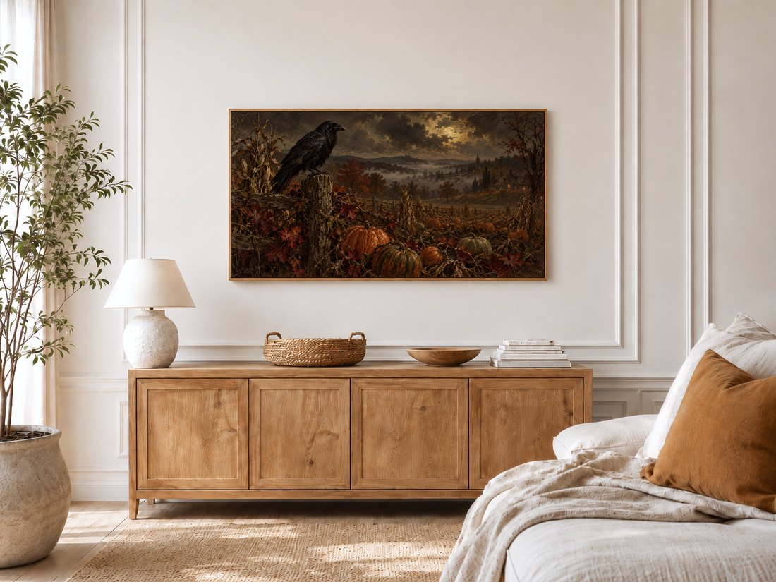 Atmospheric frame TV art of raven over autumn harvest displayed in bright bedroom with cream panelled walls, light oak sideboard, ceramic lamp, rattan tray and olive tree by window.