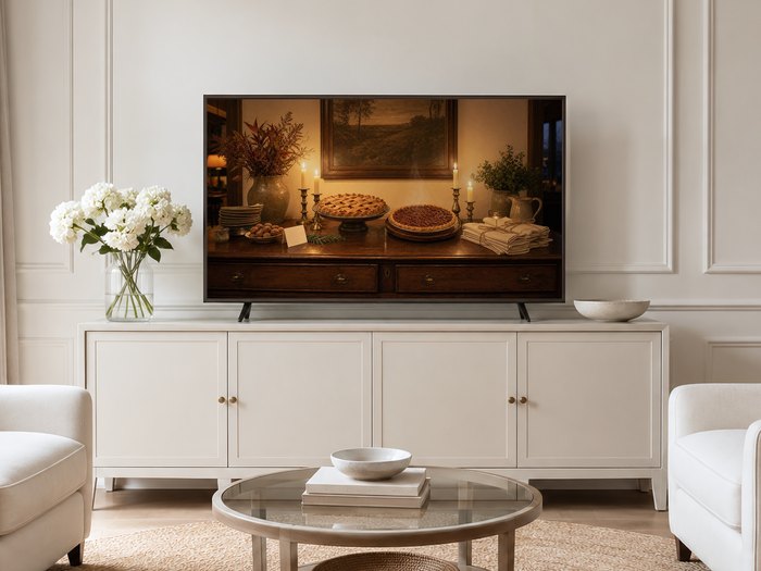 Candlelit pie still life displayed on a Frame TV above a long cream sideboard with brass knobs, set in a neutral living room with white hydrangeas, a glass coffee table and pale armchairs on a jute rug.