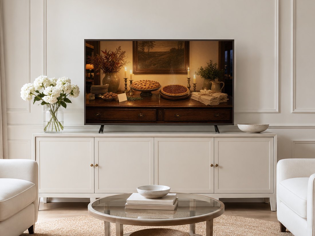 Candlelit pie still life displayed on a Frame TV above a long cream sideboard with brass knobs, set in a neutral living room with white hydrangeas, a glass coffee table and pale armchairs on a jute rug.