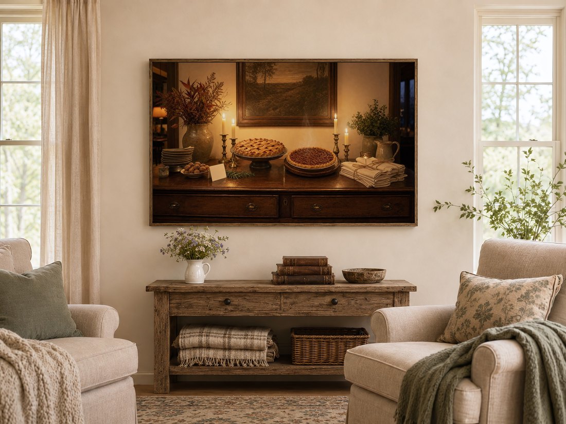 Warm autumn pie still life on a Frame TV in a dark reclaimed-wood frame above a rustic console table, styled with a white pitcher of wildflowers, leather books and cream armchairs with sage cushions.