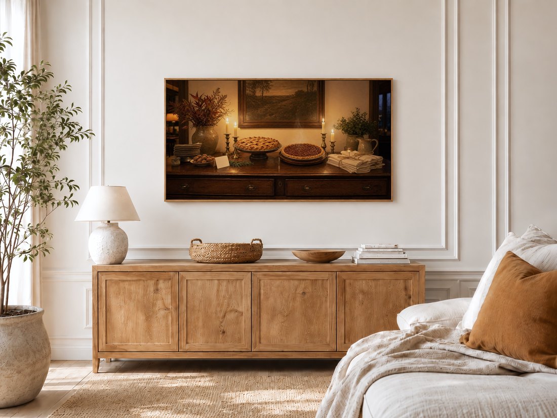 Cozy candlelit pie artwork shown on a Frame TV in a bright bedroom, set above a light oak sideboard with a ceramic lamp and rattan tray, beside a potted olive tree and linen bed with a rust cushion.