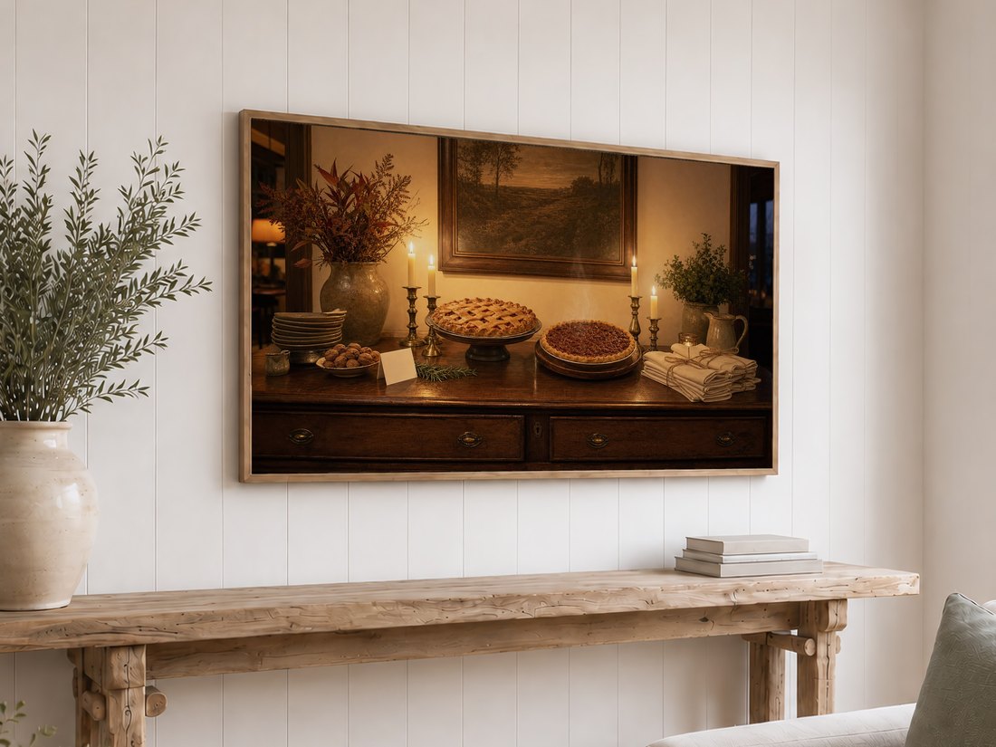 Golden-hued pie still life on a light oak framed Frame TV against a white shiplap wall, above a rustic reclaimed-wood console table with olive branches in a cream vase and a stack of neutral books.