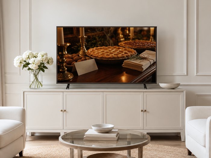 Thanksgiving pie and candlelight artwork displayed on a Frame TV in a neutral living room with a cream sideboard, white hydrangeas, and pale armchairs on a jute rug, adding warm autumn color to a soft, airy space.