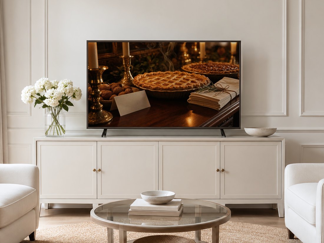 Thanksgiving pie and candlelight artwork displayed on a Frame TV in a neutral living room with a cream sideboard, white hydrangeas, and pale armchairs on a jute rug, adding warm autumn color to a soft, airy space.