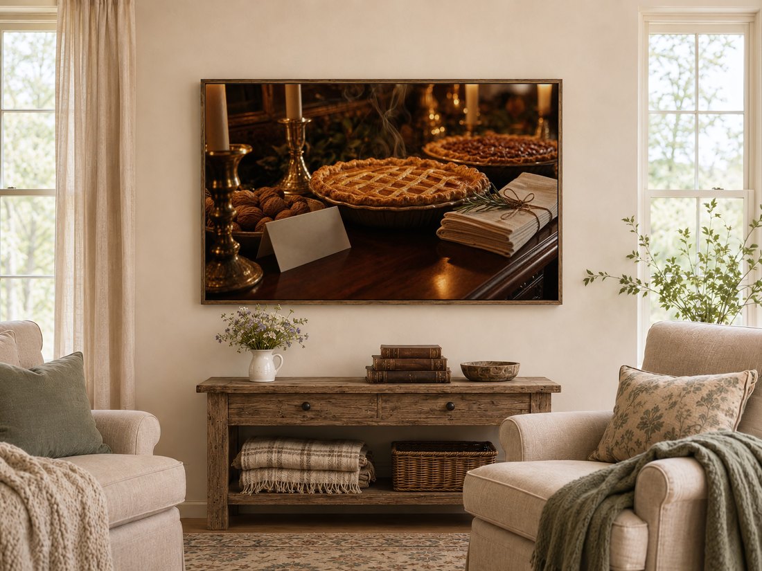 Lattice pie and candlelight scene on a Frame TV above a rustic reclaimed-wood console in a farmhouse living room, with wildflowers, leather books, and cream armchairs with sage cushions nearby for a cozy fall look.
