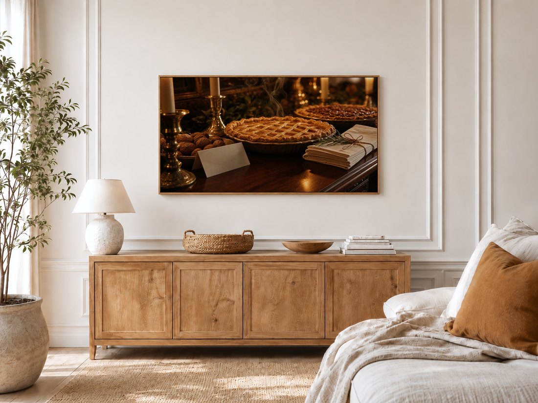 Warm candlelit pie artwork on a Frame TV in a bright bedroom above a light oak sideboard with a ceramic lamp and rattan tray, bringing rich autumn tones and a cozy holiday mood into a calm, linen-dressed room.