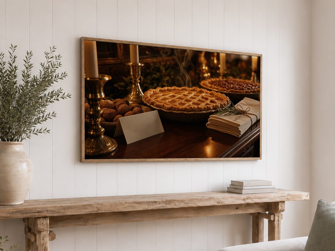 Candlelit Thanksgiving pie display on a light oak framed TV above a reclaimed-wood console table with olive branches and neutral books, set against a white shiplap wall for a warm, rustic autumn accent.