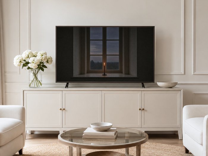 Frame TV art of a lone candle glowing at dusk shown in a neutral living room with a cream panelled wall, cream sideboard, white hydrangeas, glass coffee table and pale armchairs on a jute rug.