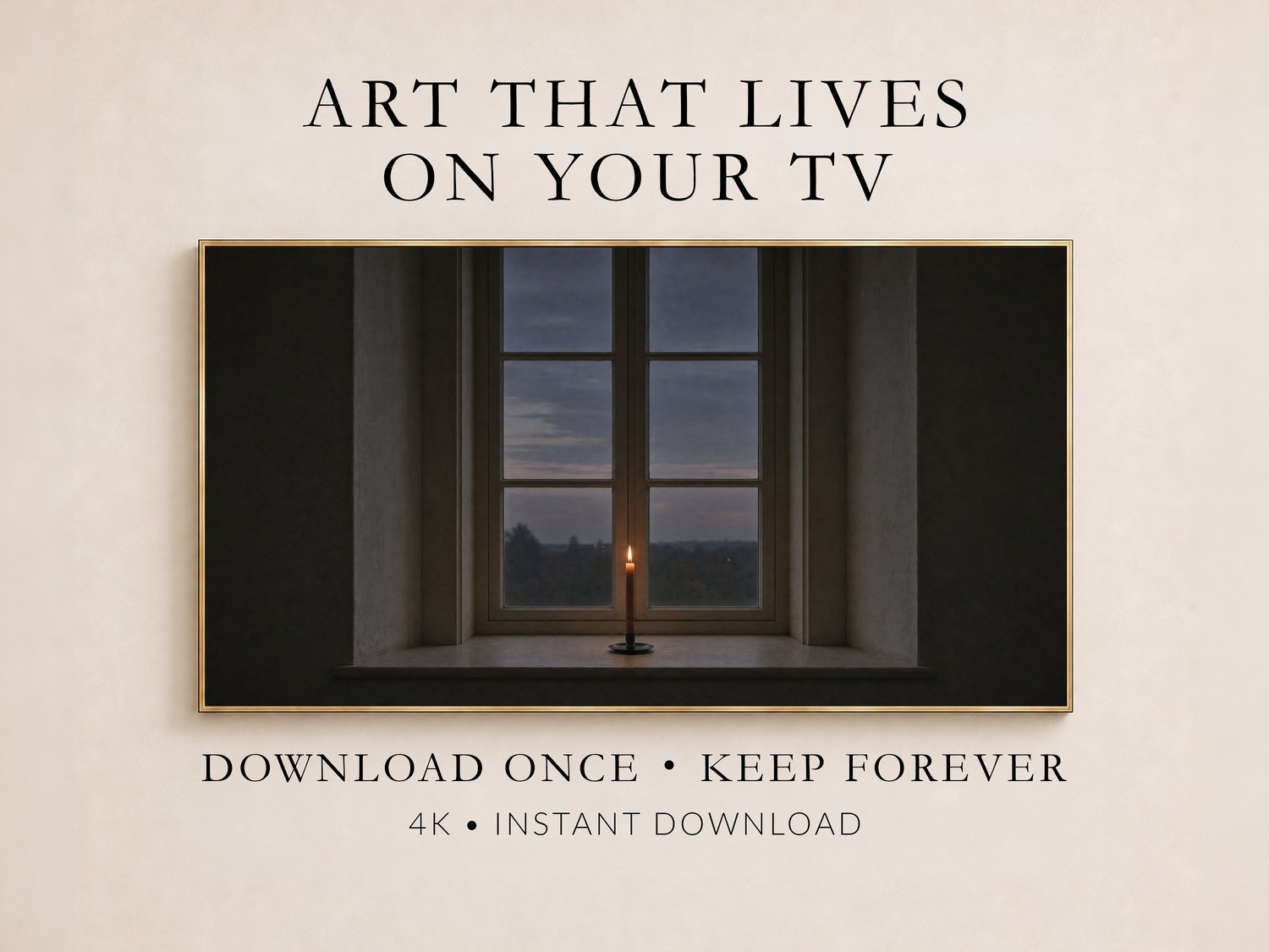 Candle at dusk artwork displayed in a thin gold frame on a soft cream wall, showing a single glowing flame on a windowsill against indigo twilight, with text noting it is a 4K instant digital download for any TV.