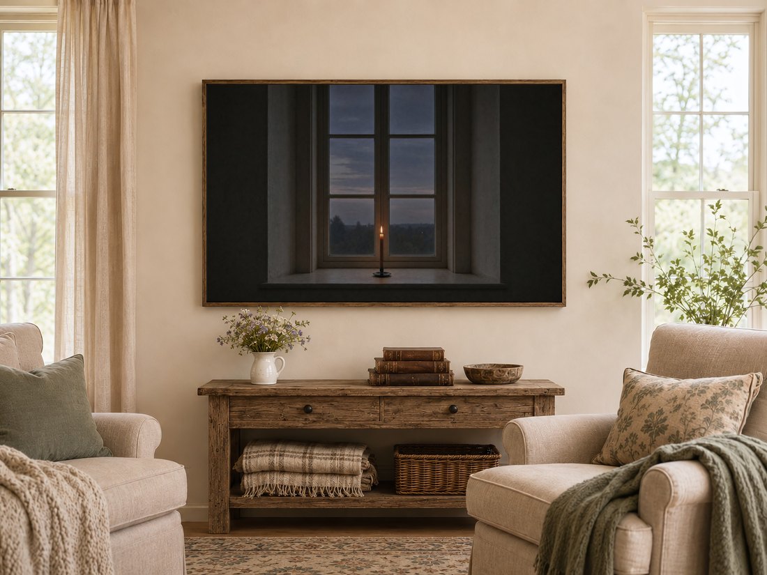 Candle at dusk TV screensaver shown in a warm farmhouse living room above a dark reclaimed-wood console with wildflowers, leather books and a wooden bowl, flanked by cream armchairs with sage cushions.