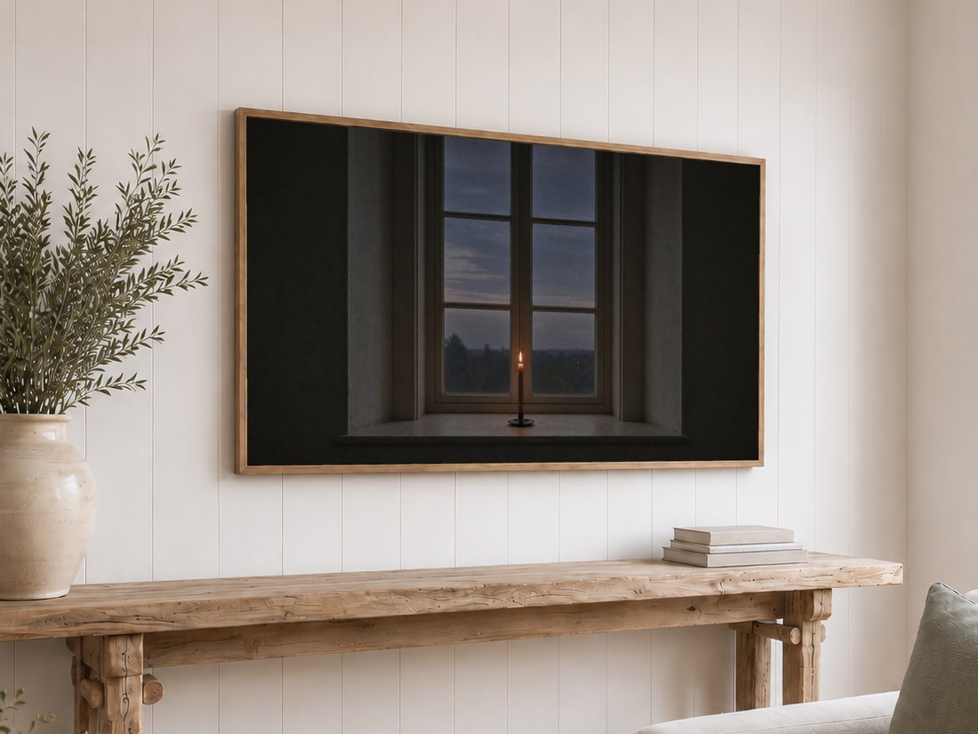 Dusk candle scene shown on a light oak framed TV mounted on a white shiplap wall above a rustic console table with olive branches in a cream vase and a stack of neutral books.