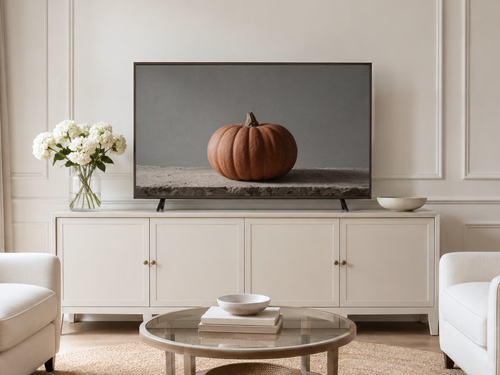 Muted terracotta pumpkin Frame TV art displayed above a cream sideboard in a neutral living room with white hydrangeas, a glass coffee table and pale armchairs on a jute rug.