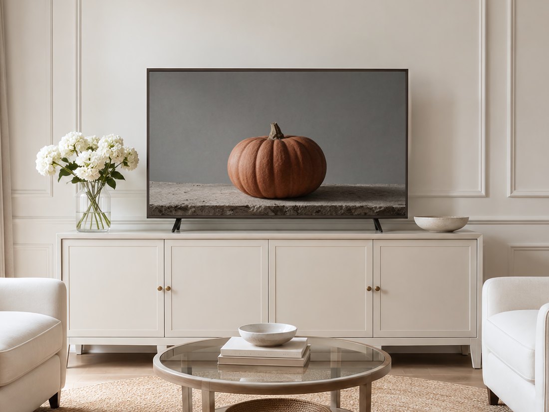 Muted terracotta pumpkin Frame TV art displayed above a cream sideboard in a neutral living room with white hydrangeas, a glass coffee table and pale armchairs on a jute rug.