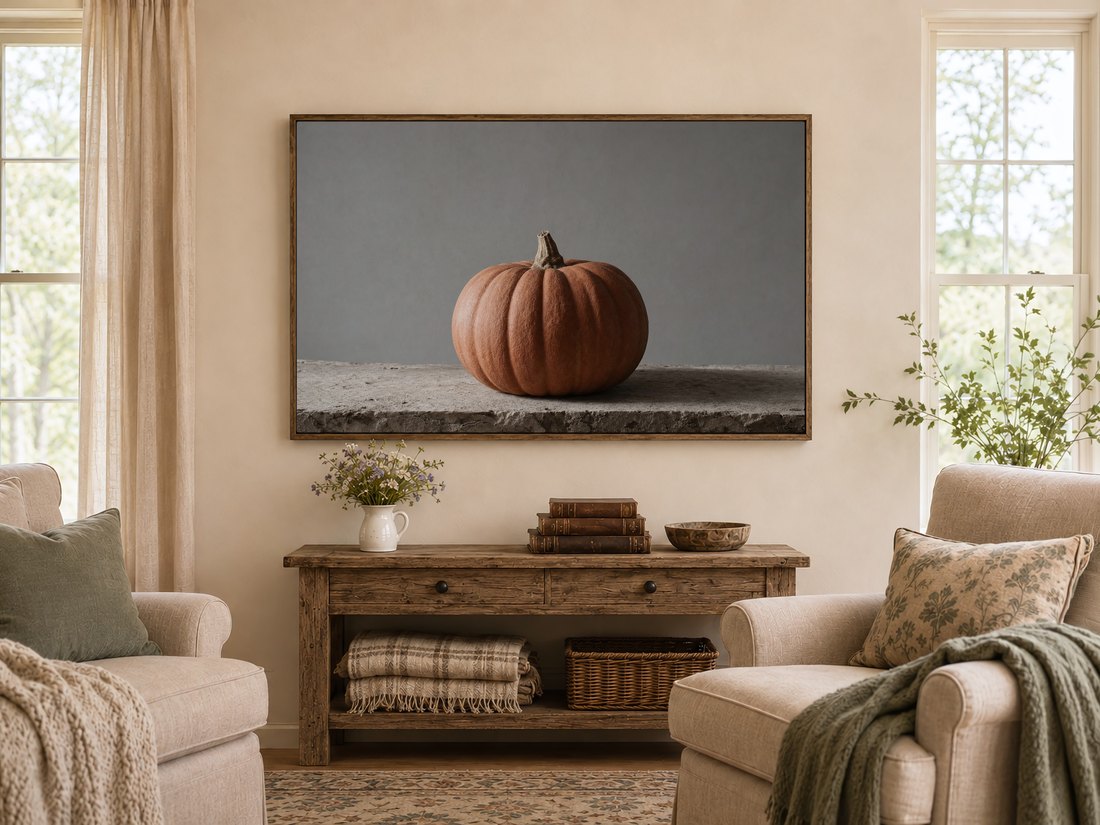 Terracotta pumpkin artwork on a Frame TV in a dark reclaimed-wood frame, set in a warm farmhouse living room with a rustic console, wildflowers, leather books and sage-cushioned armchairs.