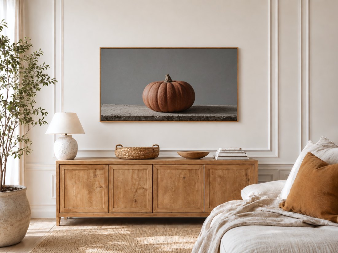 Fall pumpkin still life shown on a Frame TV in a bright bedroom with cream panelled moulding, an oak sideboard, ceramic lamp, potted olive tree and a linen bed with a rust cushion.