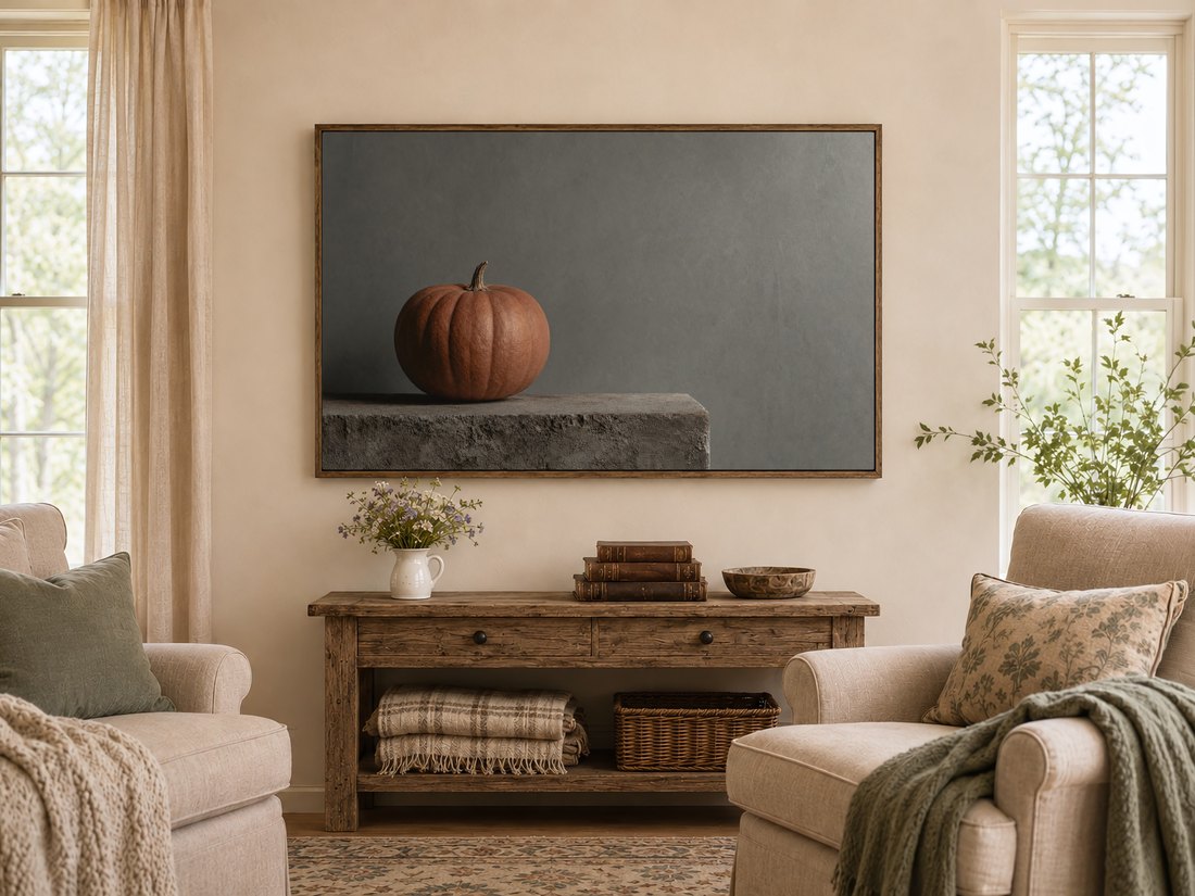 Rust-toned pumpkin still life on a Frame TV above a rustic reclaimed-wood console with wildflowers and leather books, in a warm farmhouse living room with sage cushioned armchairs.