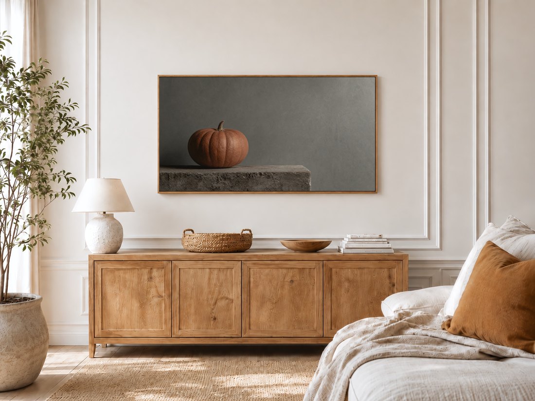 Single pumpkin artwork on a Frame TV in a bright bedroom with a light oak sideboard, ceramic lamp, potted olive tree and linen bed with rust cushion, for calm autumn bedroom decor.
