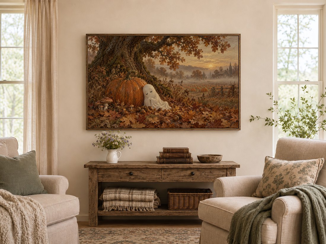 Sleepy Ghost Beneath the Oak Tree artwork displayed on a Frame TV in a warm farmhouse living room above a rustic console table with white wildflowers, antique books and carved wooden bowl, flanked by cream armchairs.