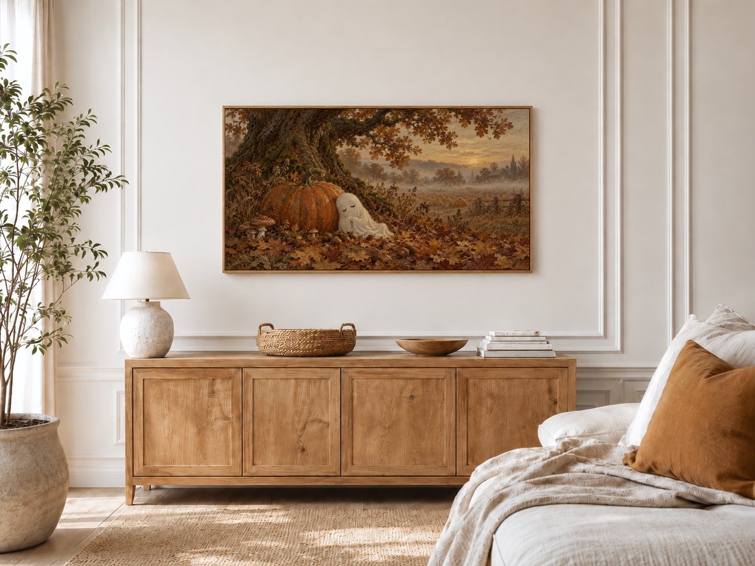 Sleepy Ghost Beneath the Oak Tree artwork on a Frame TV in a bright bedroom with cream panelled moulding, light oak sideboard with textured lamp and rattan tray, potted olive tree and linen bed with rust cushion.