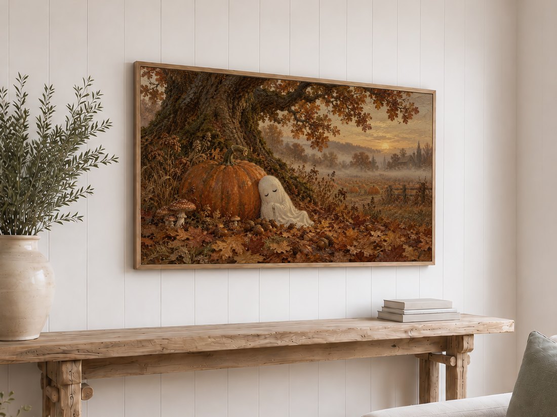Sleepy Ghost Beneath the Oak Tree artwork displayed on a Frame TV above a rustic reclaimed-wood console table on white shiplap wall, with olive branches in cream ceramic vase and stacked neutral books.