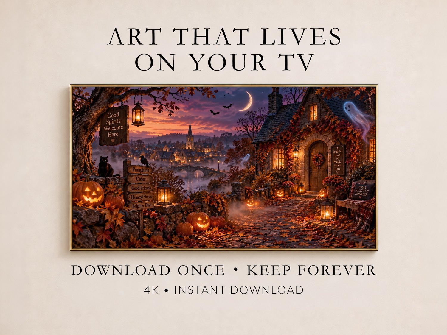 Promotional display of enchanted Halloween village frame TV art featuring glowing jack-o-lanterns, stone cottages and a crescent moon in warm orange and purple tones, shown in a thin gold frame on a cream wall.