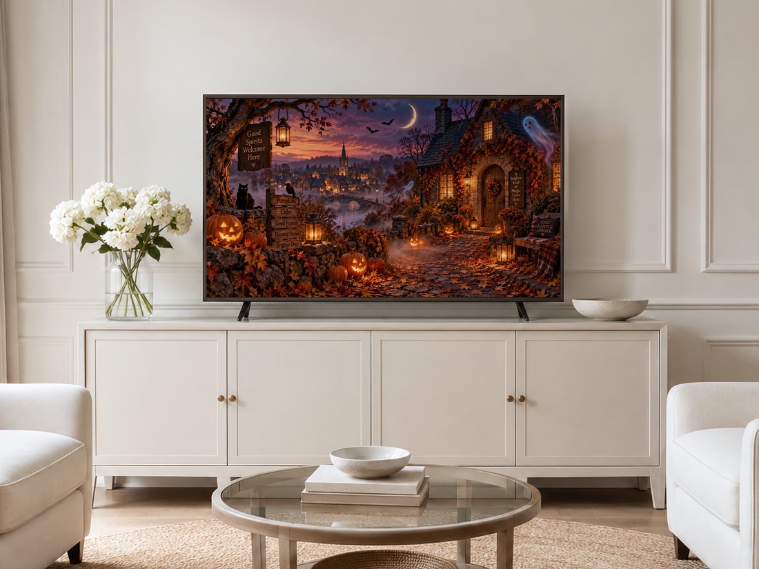 Enchanted Halloween village frame TV art displayed on a neutral living room wall above a cream sideboard with brass knobs, white hydrangeas and glass accessories, flanked by pale armchairs on a jute rug.