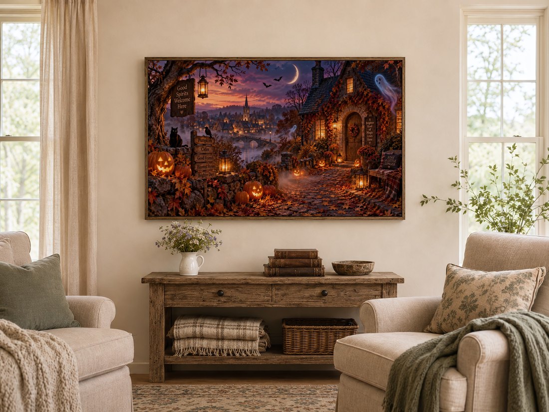 Spooky autumn night village artwork shown on a dark wooden frame above a rustic console table with white wildflowers, antique books and carved wooden bowl, in a warm farmhouse living room with cream armchairs and linen-curtained windows.