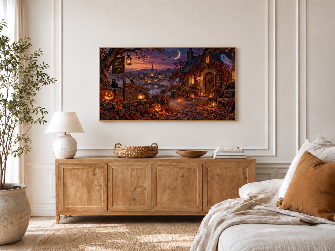 Halloween village frame TV art displayed in a bright bedroom with cream panelled moulding above a light oak sideboard topped with a ceramic lamp, rattan tray, wooden bowl and potted olive tree.