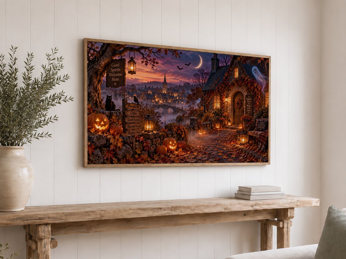 Enchanted Halloween village scene shown on a frame TV with light oak surround, mounted above a rustic reclaimed-wood console table holding olive branches in a cream ceramic vase and stacked neutral books on white shiplap.