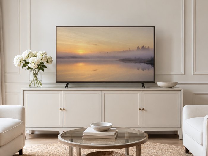 Foggy lake sunrise scene with a distant heron shown on a Frame TV in a neutral living room, near a cream sideboard, white hydrangeas, and pale armchairs on a jute rug, for calm modern decor.