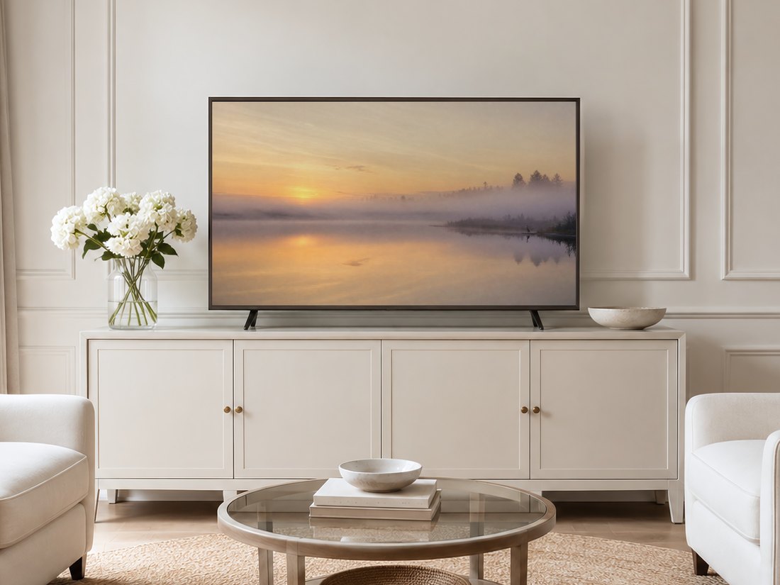 Foggy lake sunrise scene with a distant heron shown on a Frame TV in a neutral living room, near a cream sideboard, white hydrangeas, and pale armchairs on a jute rug, for calm modern decor.