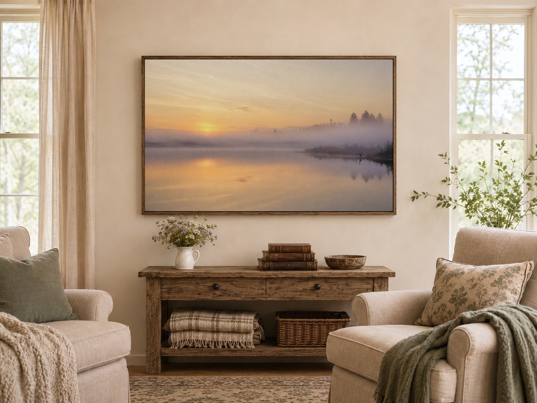 Misty lake and heron artwork on a Frame TV in a warm farmhouse living room, above a rustic console with wildflowers and leather books, flanked by cream armchairs, for cozy rustic decor.