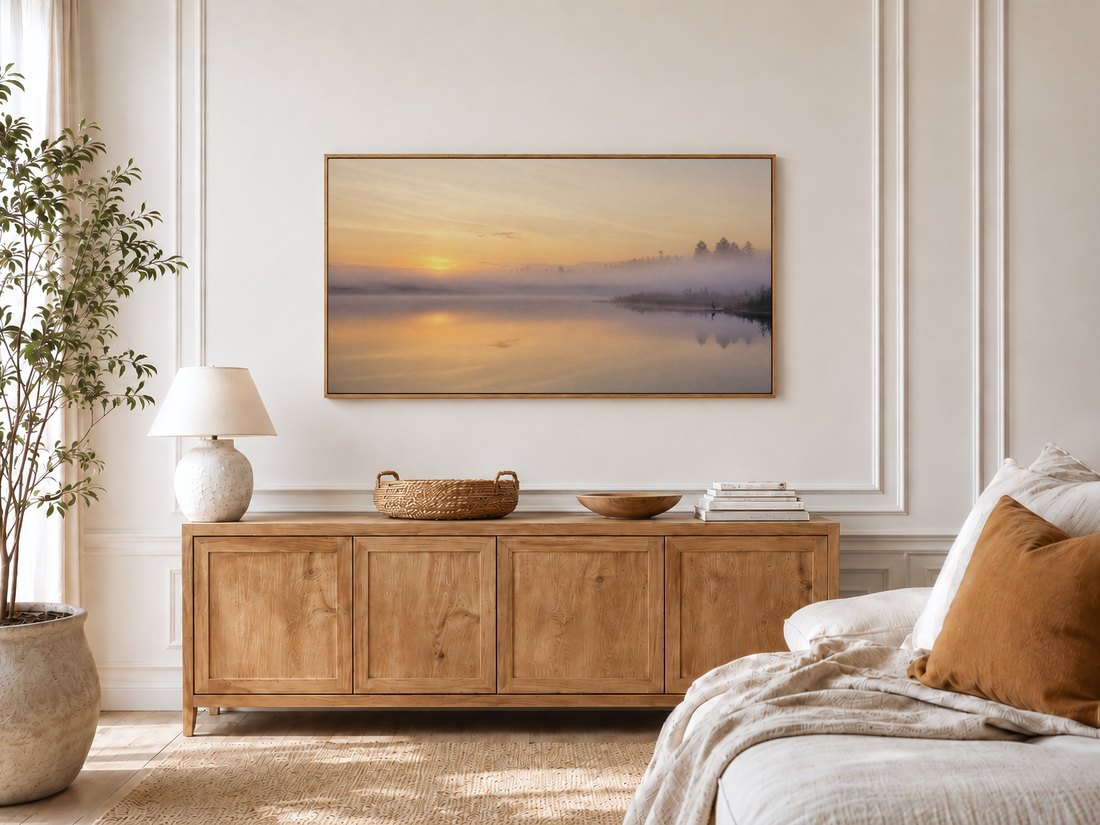 Soft amber lake sunrise with a heron shown on a Frame TV in a bright bedroom, near an oak sideboard with a ceramic lamp and a potted olive tree, for a peaceful morning bedroom setting.