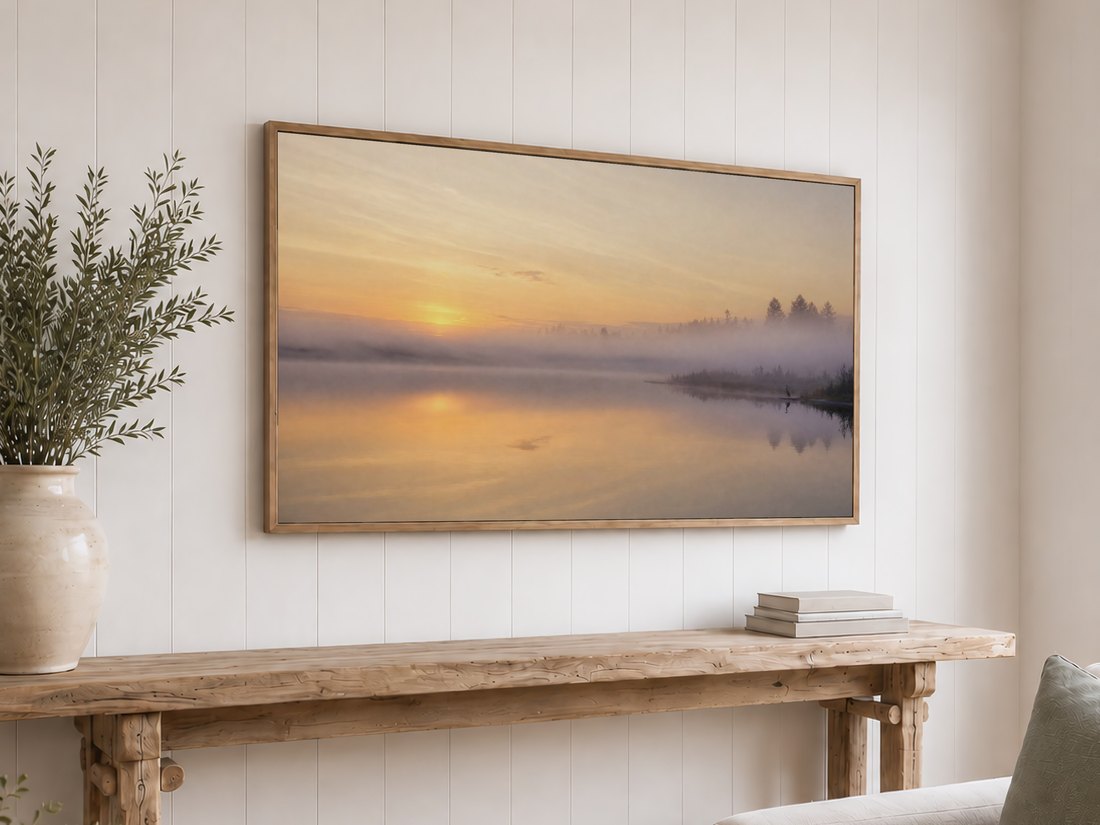Hazy lake sunrise and heron silhouette displayed on an oak framed TV against a white shiplap wall, above a reclaimed-wood console with olive branches, for a calm farmhouse living space.