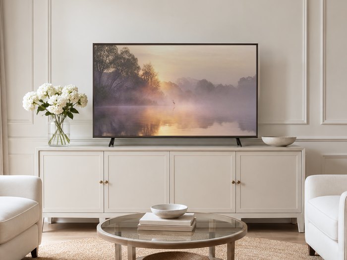 Foggy lake heron scene displayed on a Frame TV in a neutral living room with a cream panelled wall, long sideboard, white hydrangeas and pale armchairs, the soft amber and lavender tones complementing a calm, airy space.