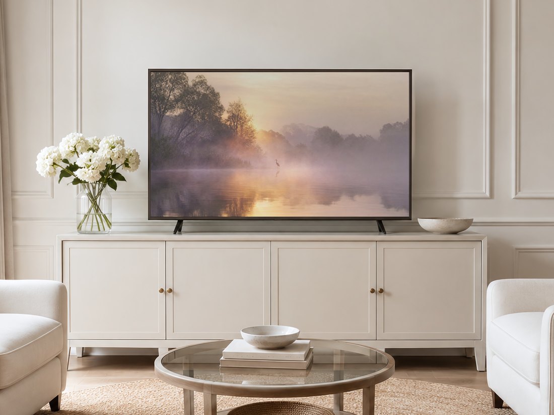 Foggy lake heron scene displayed on a Frame TV in a neutral living room with a cream panelled wall, long sideboard, white hydrangeas and pale armchairs, the soft amber and lavender tones complementing a calm, airy space.