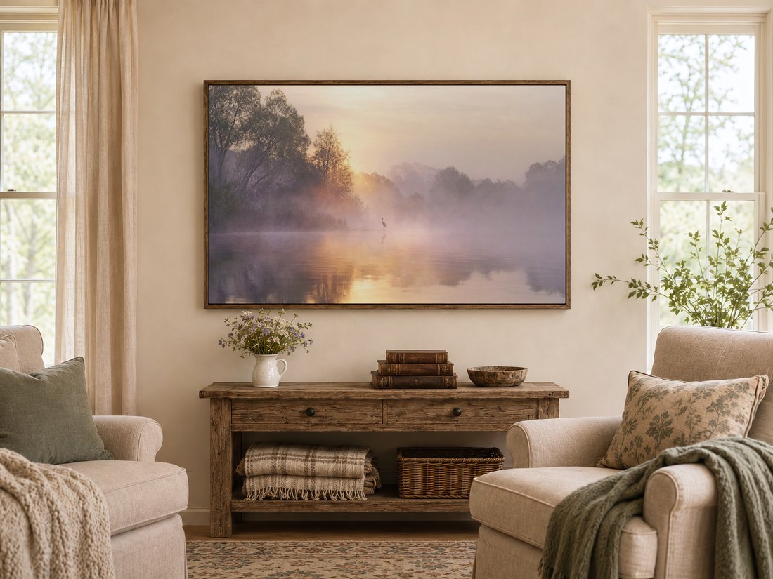 Misty heron landscape on a Frame TV above a rustic reclaimed-wood console table with wildflowers and leather books, flanked by cream armchairs with sage cushions, bringing quiet farmhouse warmth to the room.