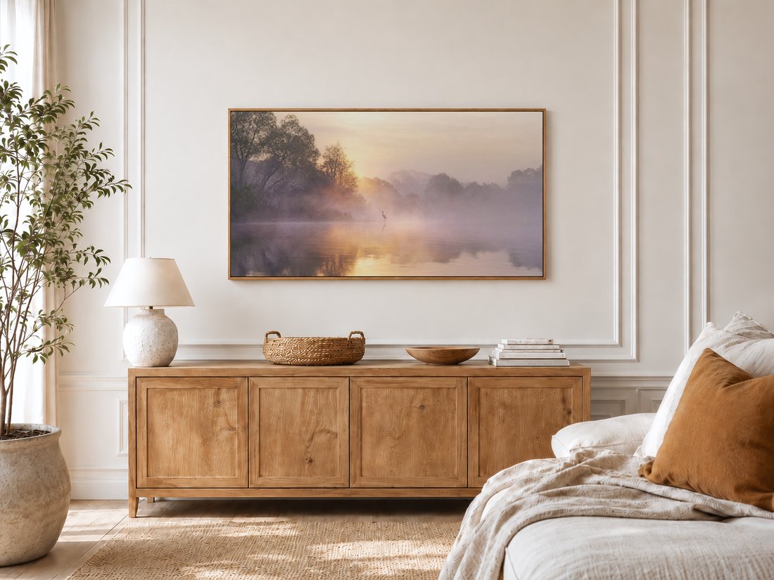 Foggy sunrise heron artwork on a Frame TV in a bright bedroom with cream panelled moulding, a light oak sideboard, potted olive tree and linen bedding, its soft amber tones matching the calm, sunlit space.