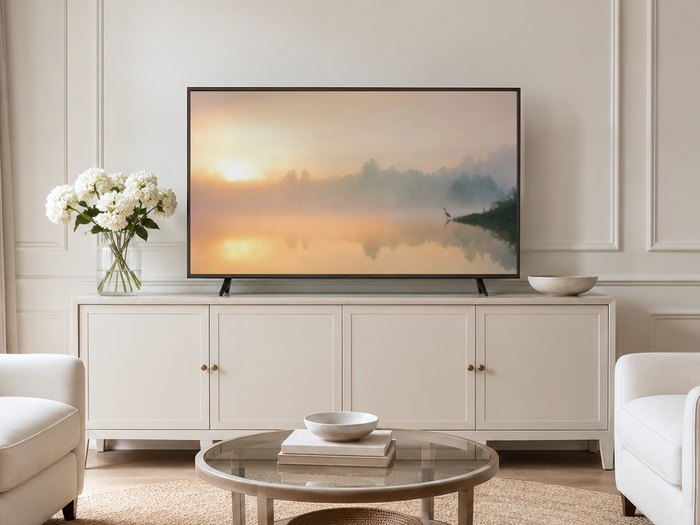 Foggy lake sunrise art with a heron silhouette displayed on a Frame TV in a neutral living room, cream panelled wall, sideboard with brass knobs, white hydrangeas and pale armchairs on a jute rug.