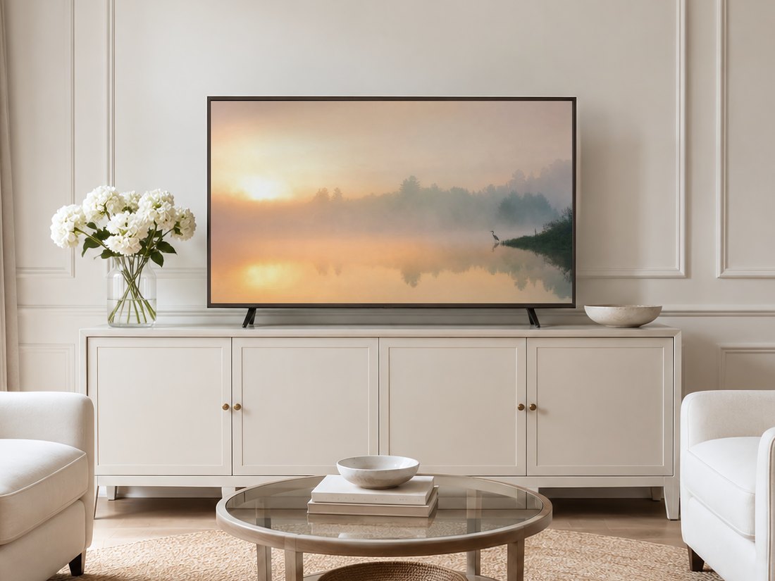 Foggy lake sunrise art with a heron silhouette displayed on a Frame TV in a neutral living room, cream panelled wall, sideboard with brass knobs, white hydrangeas and pale armchairs on a jute rug.