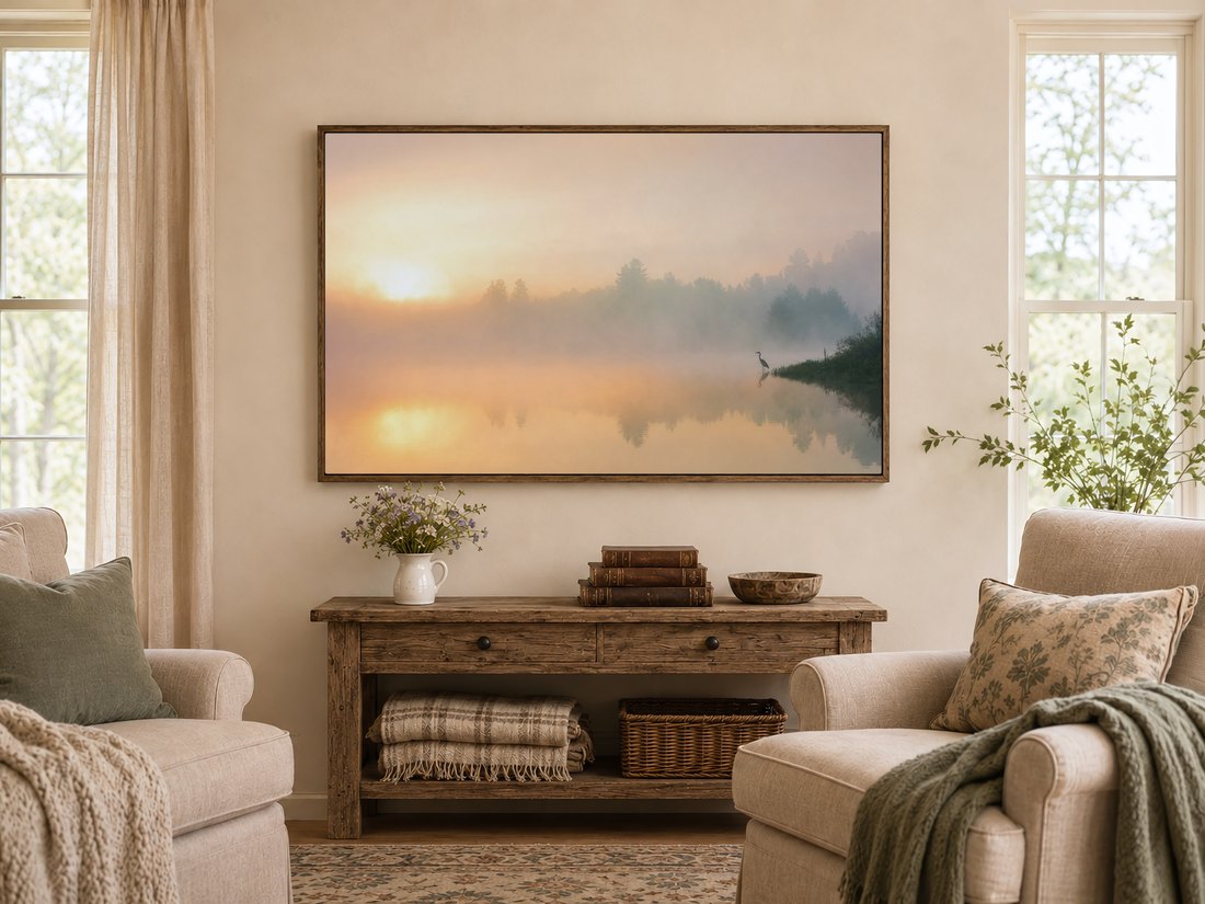 Amber misty lake artwork with a heron shown on a Frame TV in a warm farmhouse living room, dark wood frame above a rustic console with wildflowers, books and cream armchairs with sage cushions.