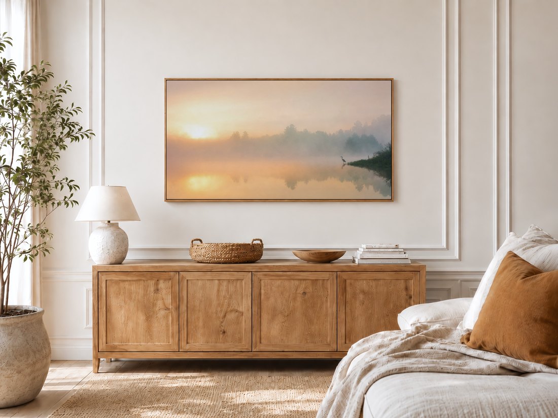 Golden foggy lake scene with a heron silhouette on a Frame TV in a bright bedroom, cream panelled moulding, light oak sideboard, ceramic lamp, potted olive tree and linen bed with rust cushion.