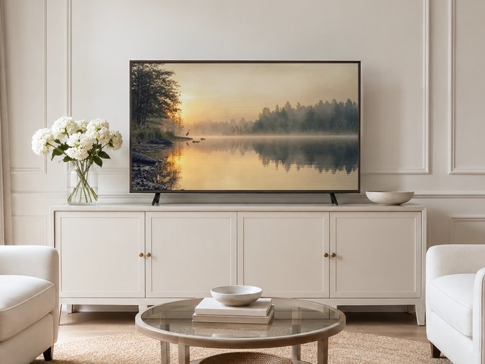 Foggy lake and heron artwork displayed on a Frame TV in a neutral living room with a cream panelled wall, long sideboard, white hydrangeas, glass coffee table and pale armchairs on a jute rug.