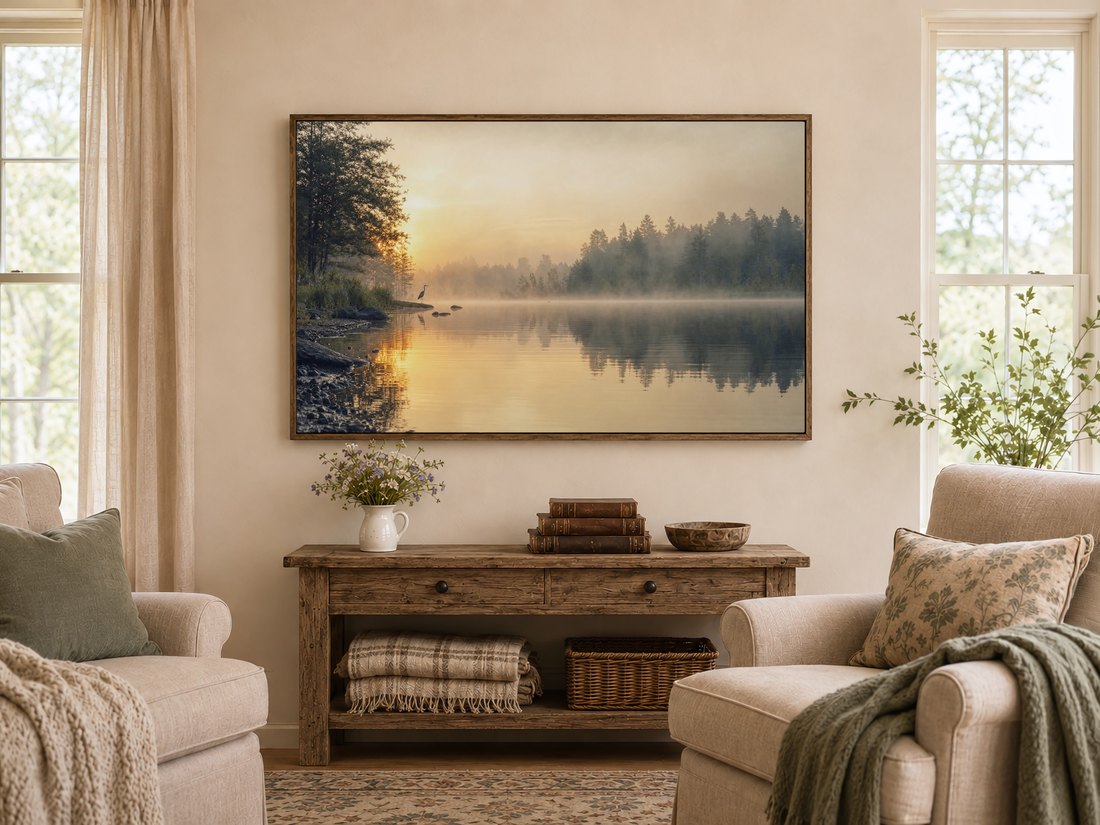 Misty lake sunrise with a distant heron shown in a dark reclaimed-wood frame above a rustic console table with wildflowers, leather books and a wooden bowl, in a warm farmhouse living room with cream armchairs.